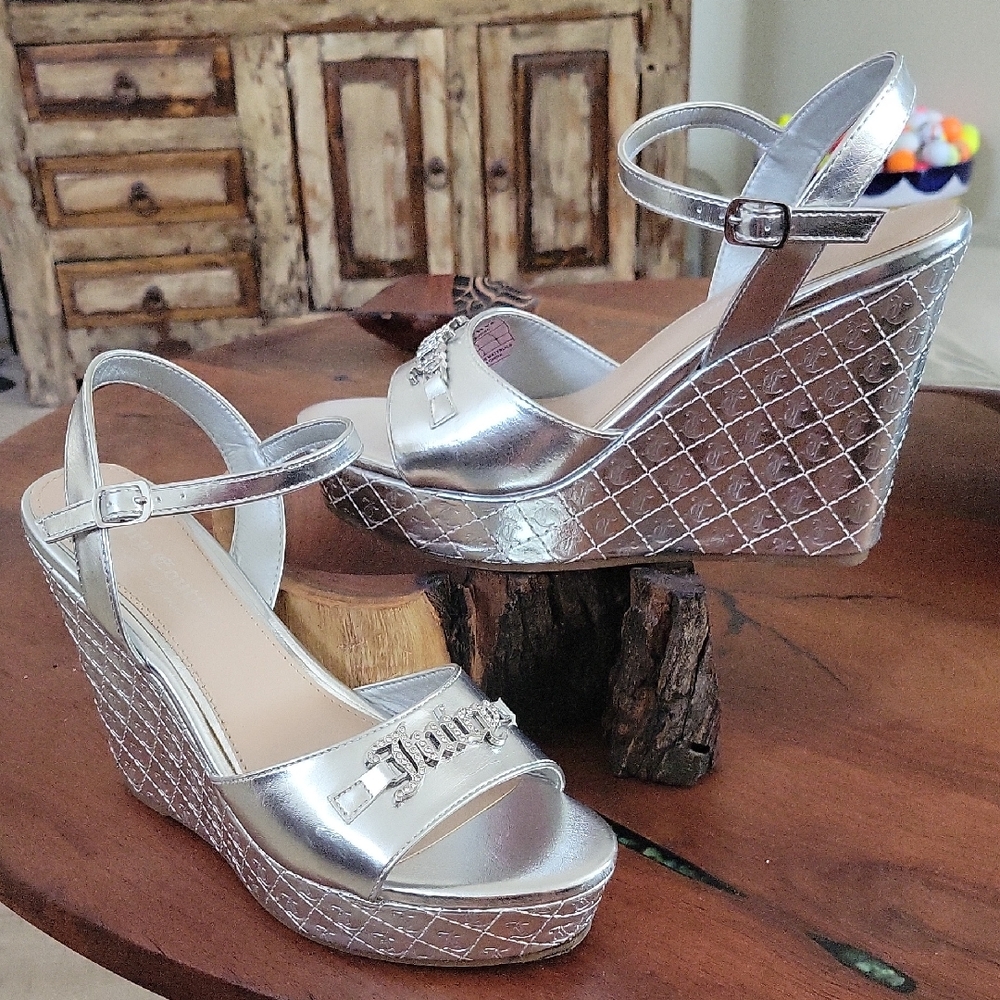 Juicy Couture Metallic Silver Quilted Wedges